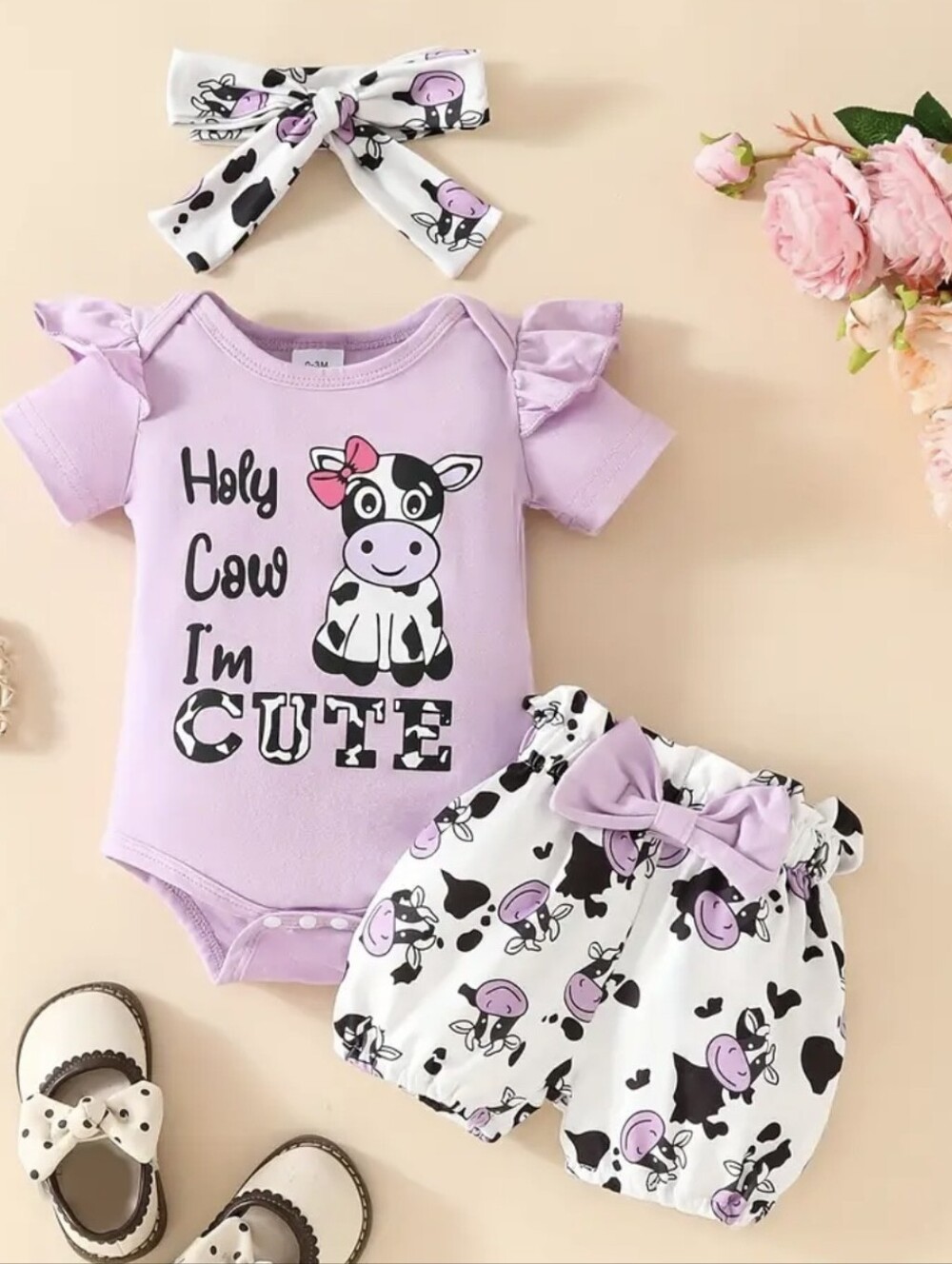 Lilac "Holy Cow I'm Cute" Baby Girl Bodysuit Set